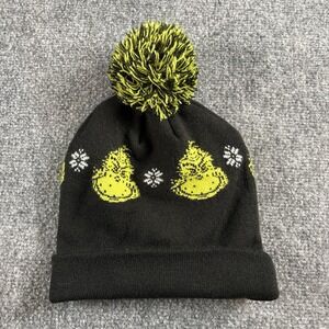 American Eagle The Grinch Christmas Holiday Hat Beanie Cap Knit Black Pom Pom